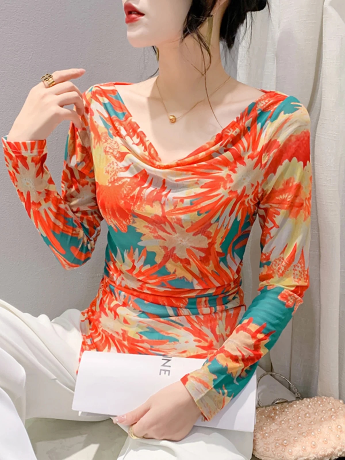 Maxct Autumn Mesh T-shirt Women Full Sleeve Irregular Hem Elegant High Stretch Slim Top