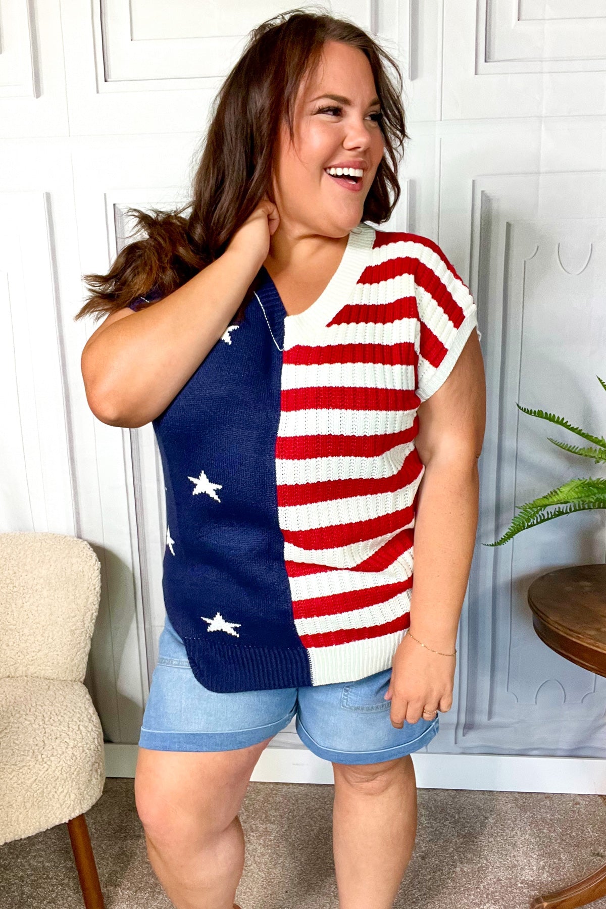Maxct &Stars & Stripes Americana V Neck Dolman Sweater Top
