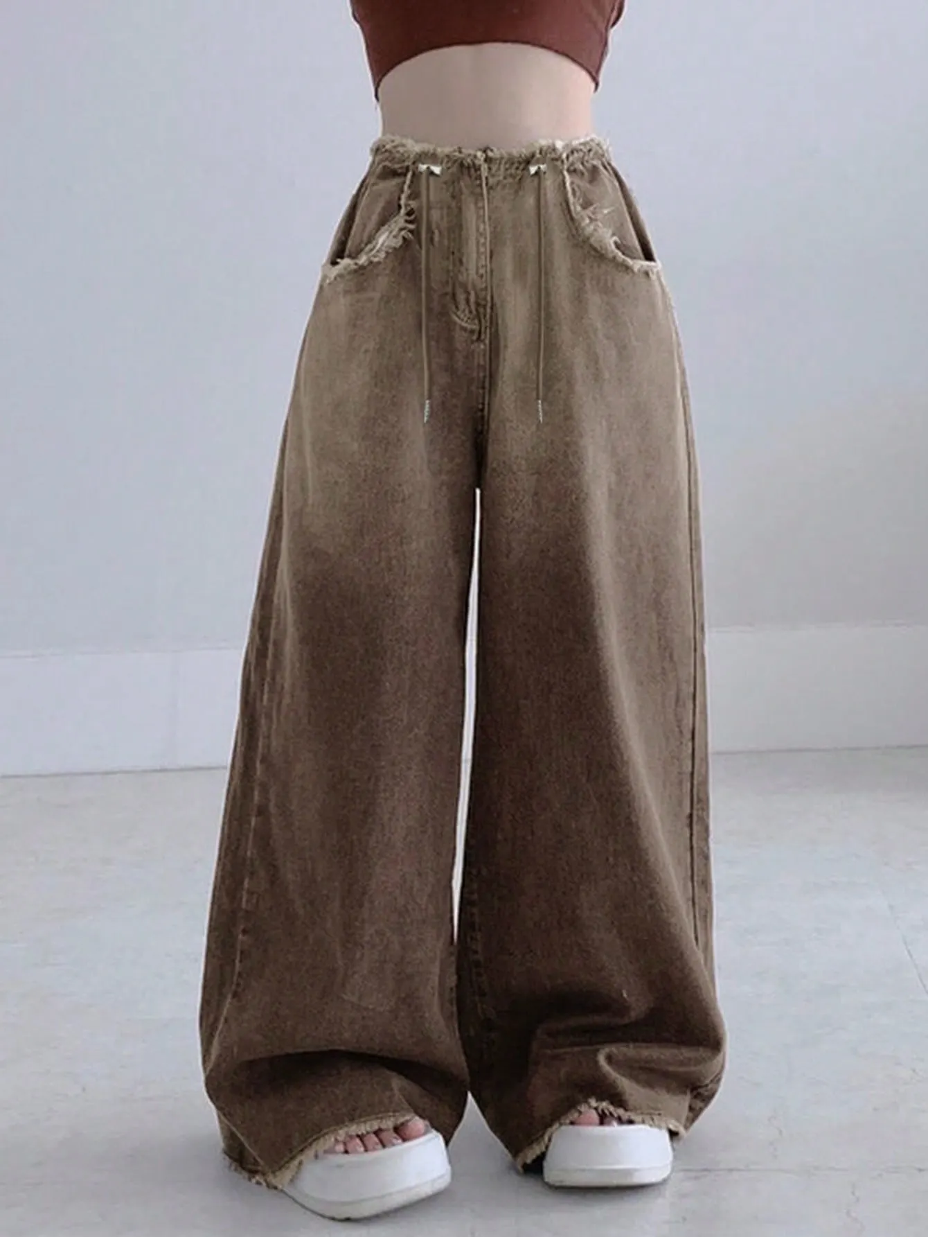 Maxct Women Frayed Bleached Wide Leg Denim Pants With Drawstring
