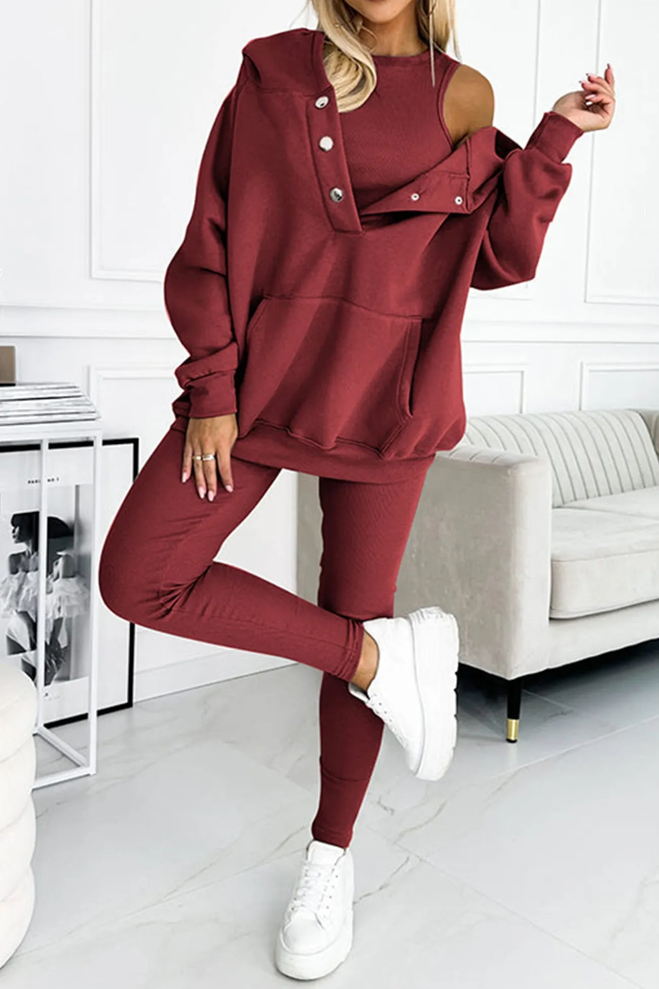 Maxct-Solid Hoodie Tank Top Three-piece Pants Suits