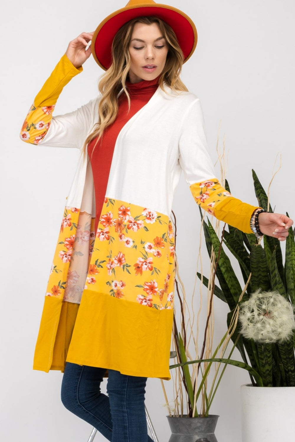 Maxct &Celeste Full Size Floral Color Block Open Front Cardigan