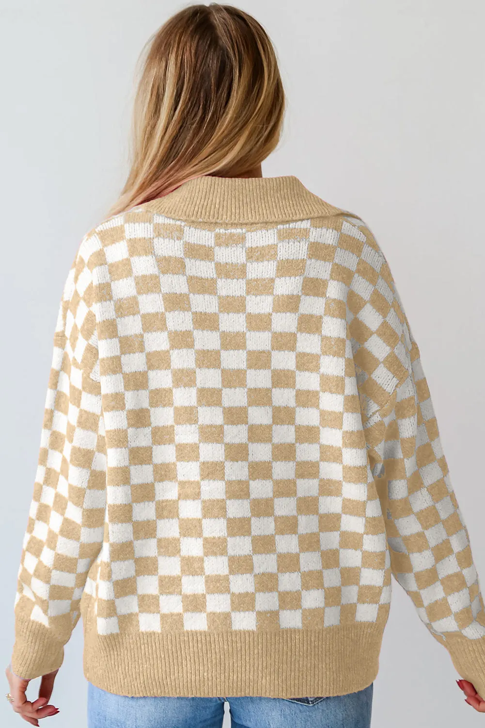 Maxct &Checkered Collared Neck Long Sleeve Sweater