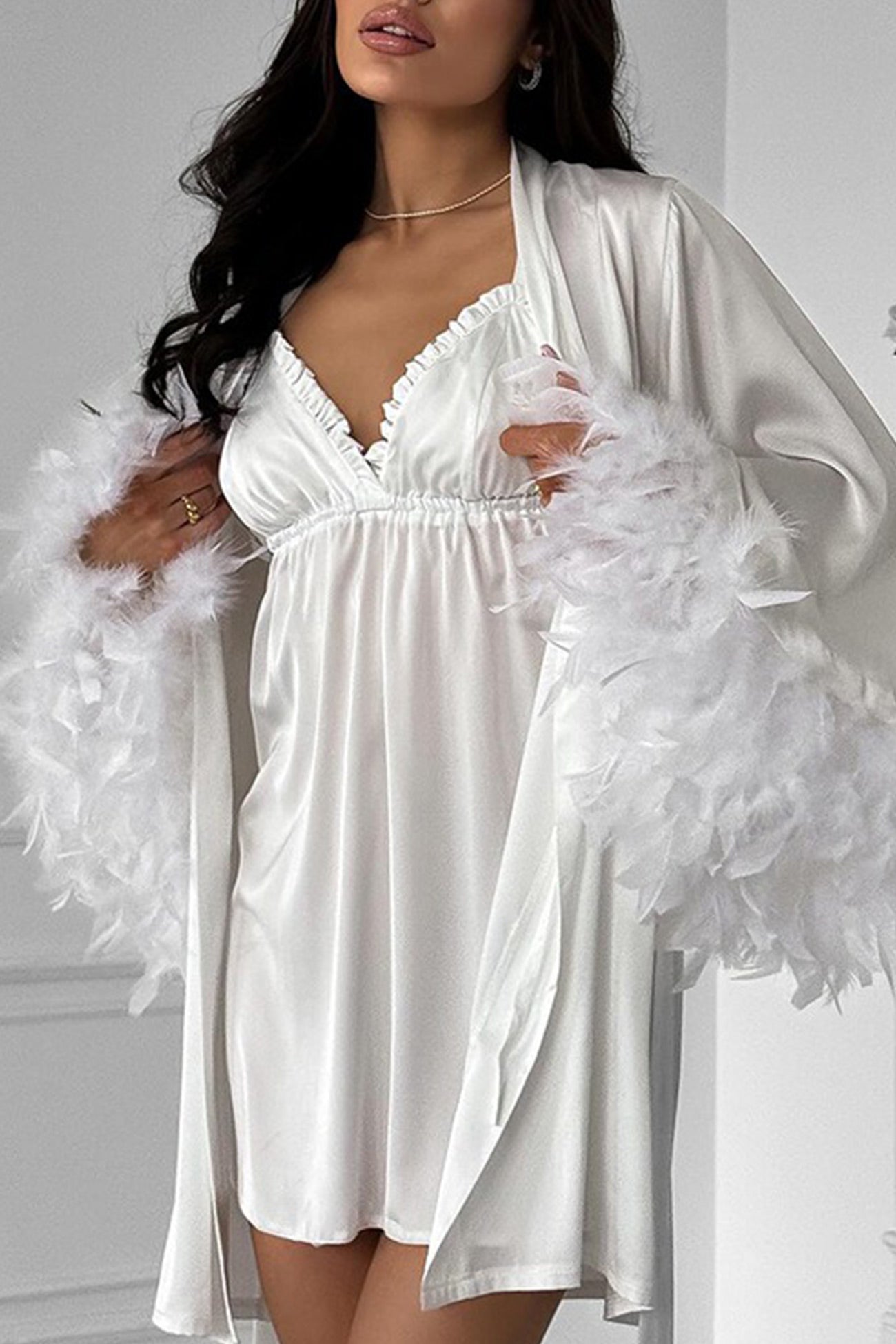 Maxct Feather Cuff Cardigan Cami Dress Loungewear Suits