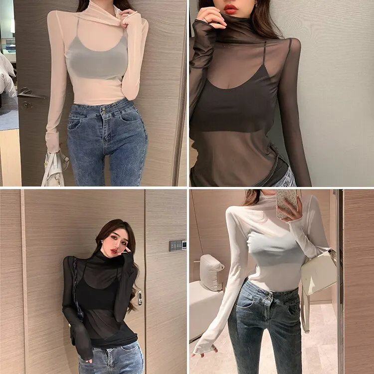 Maxct T Shirts Women Transparent Tops Long Sleeve Slim Turtleneck Stretchy T-Shirt Autumn Tees