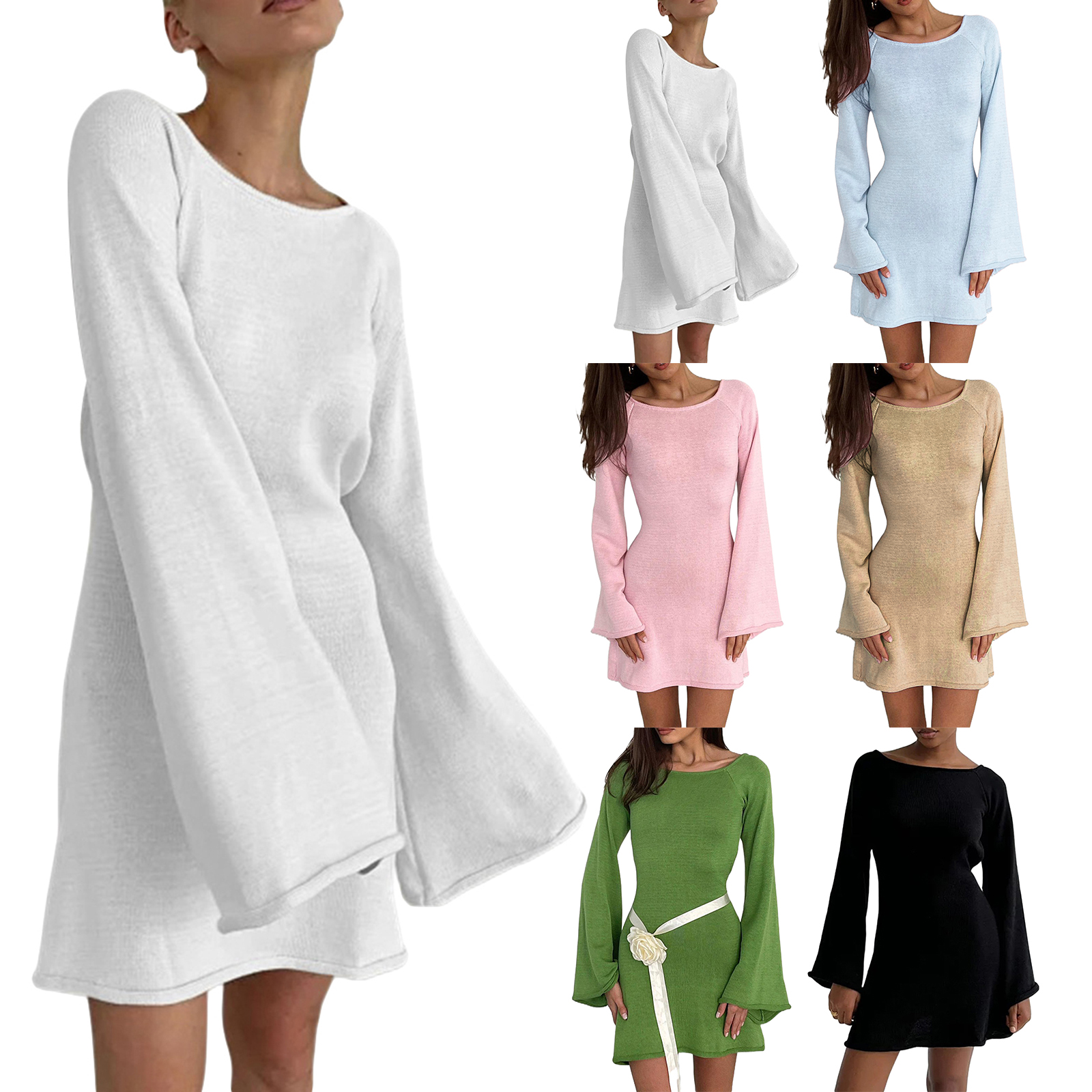 Maxct Women Knitted Dress Casual Solid Color Backless Long Sleeve Mini Party Dress for Beach Cocktail Club Streetwear