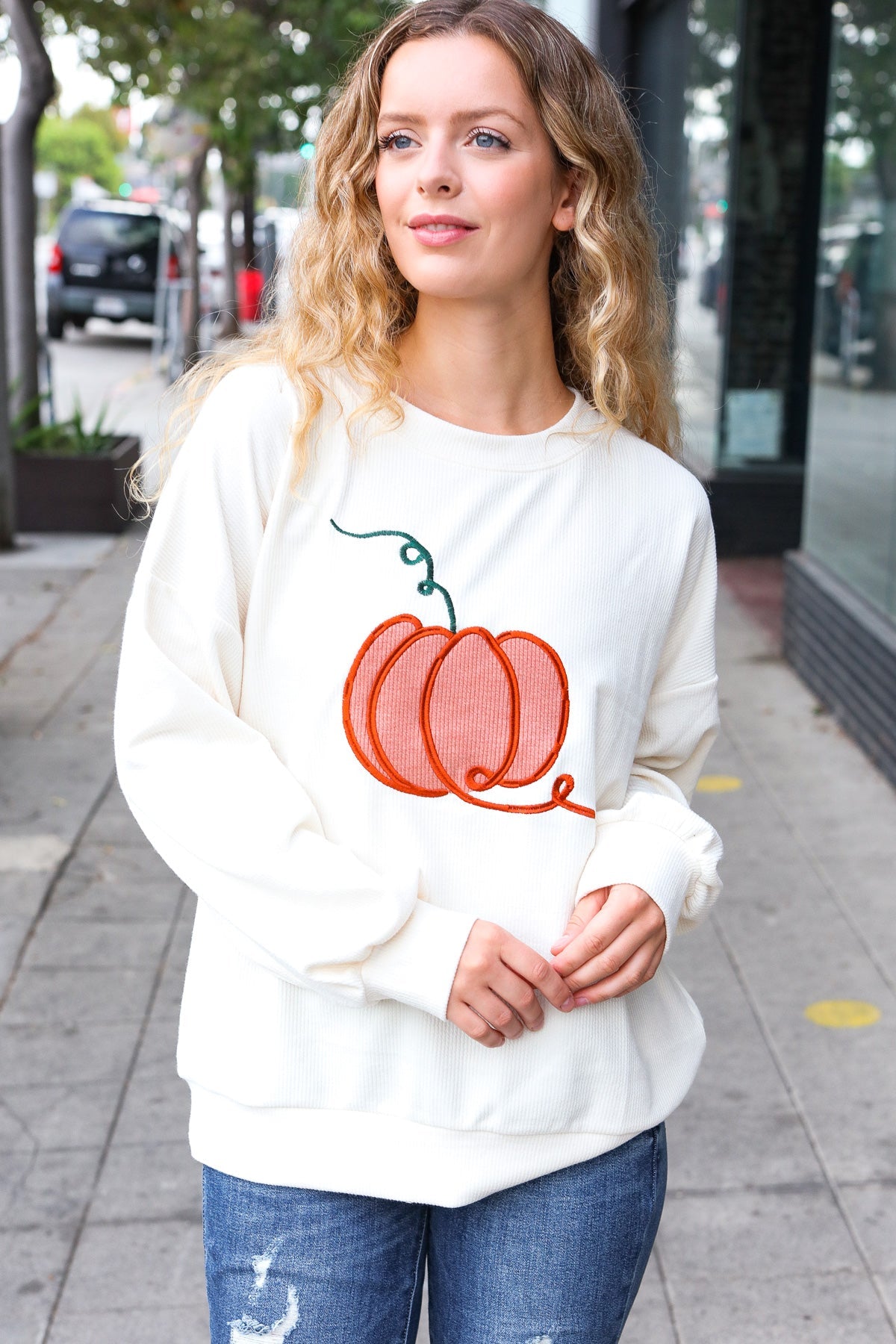 Maxct &Halloween Lovely Ivory Embroidered Pumpkin Knit Sweater