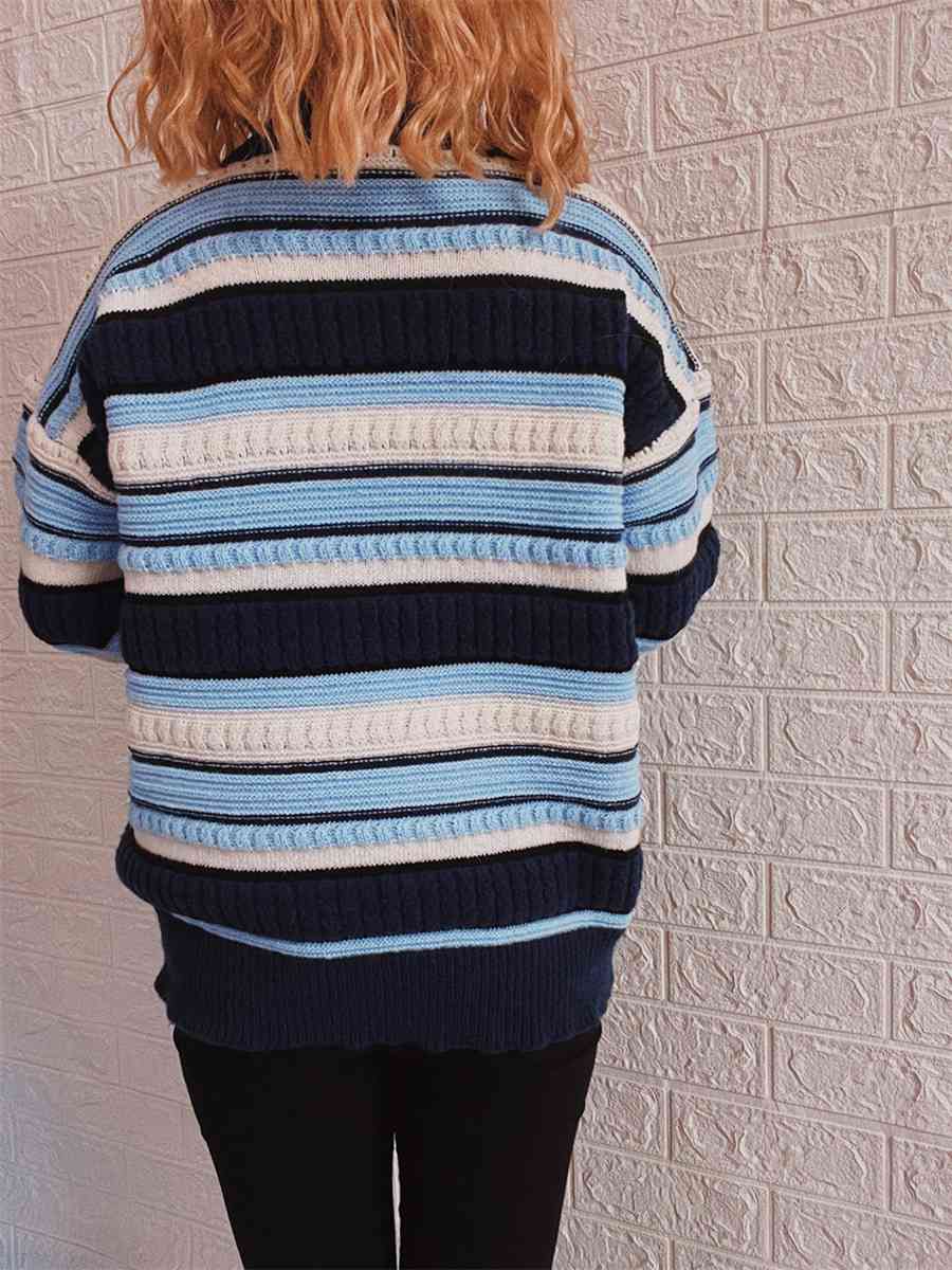 Maxct &Striped Drop Shoulder Round Neck Sweater