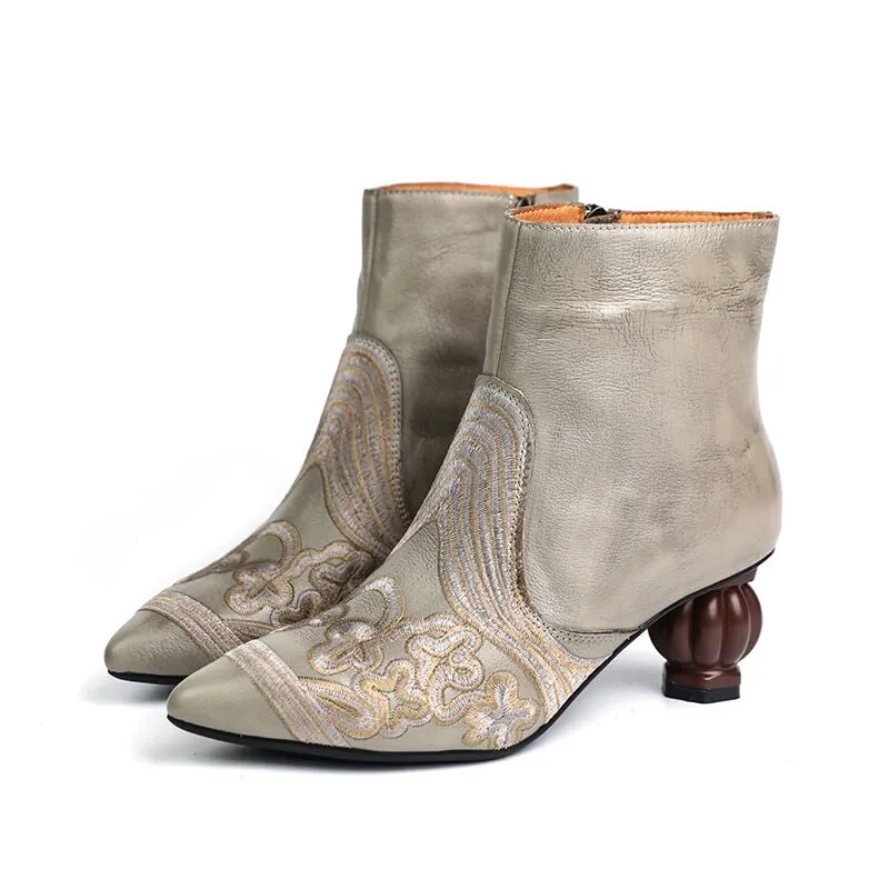 Women's Embroidery Retro Short Boots Side Zipper Maxct