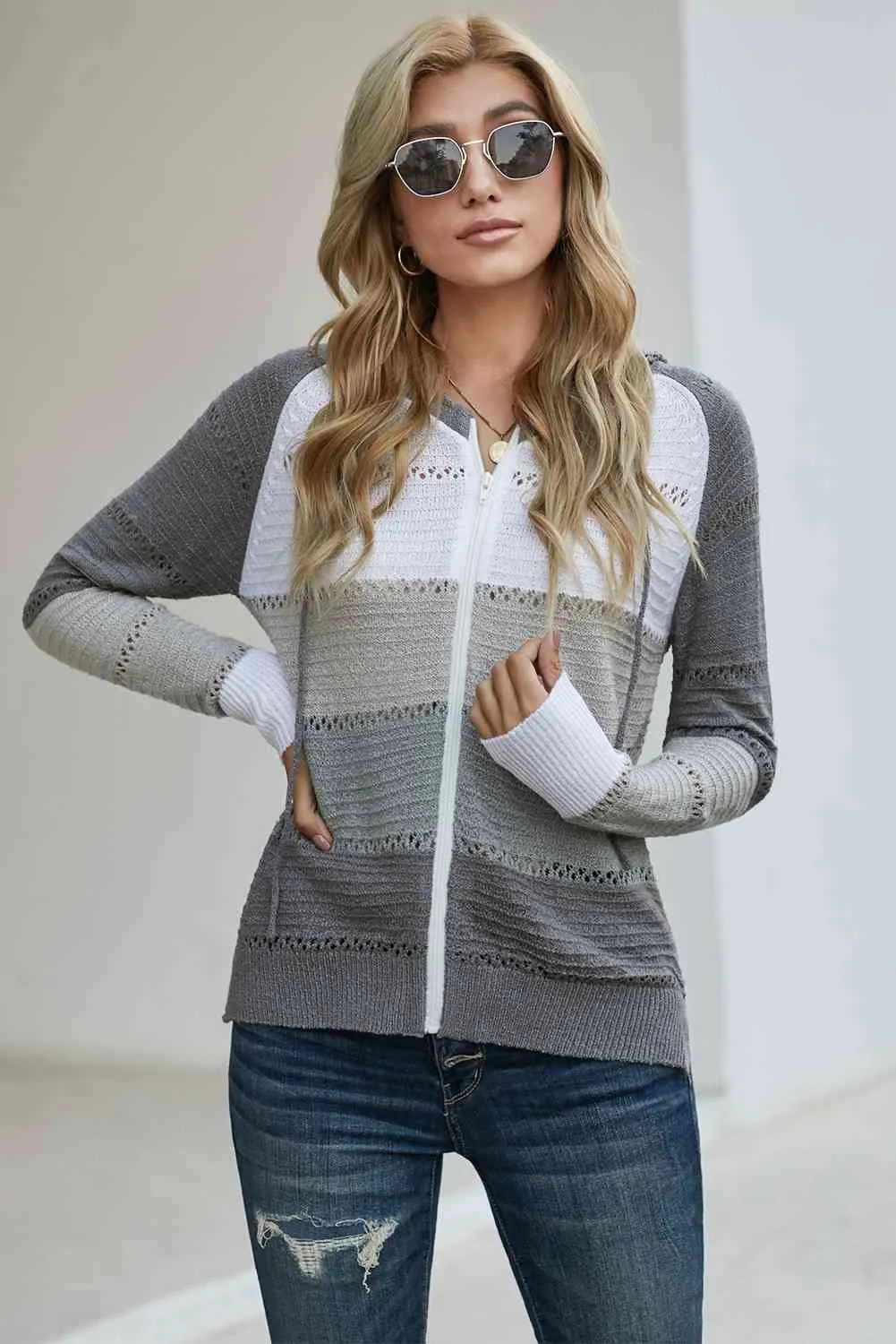 Maxct &Zip-Up Raglan Sleeve Openwork Hooded Cardigan - Image 7