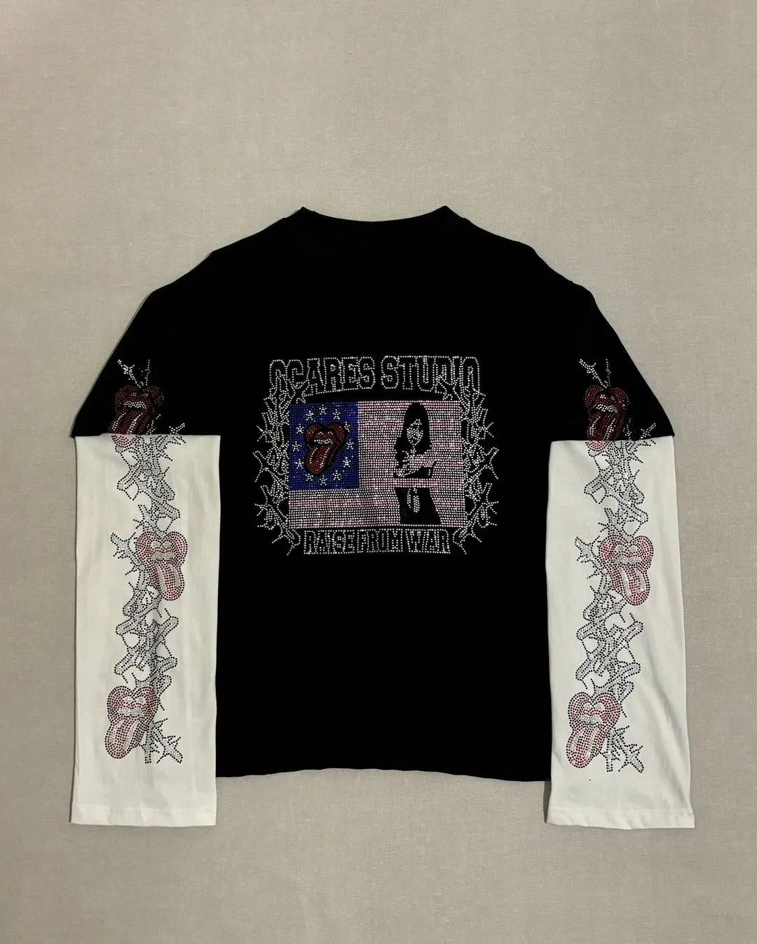 Maxct Y2k Round Neck Long Sleeved Hip-Hop Rap Vintage Hot Diamond Pattern T-Shirt Streetwear Oversize Sweatshirt Tops With Contrasting