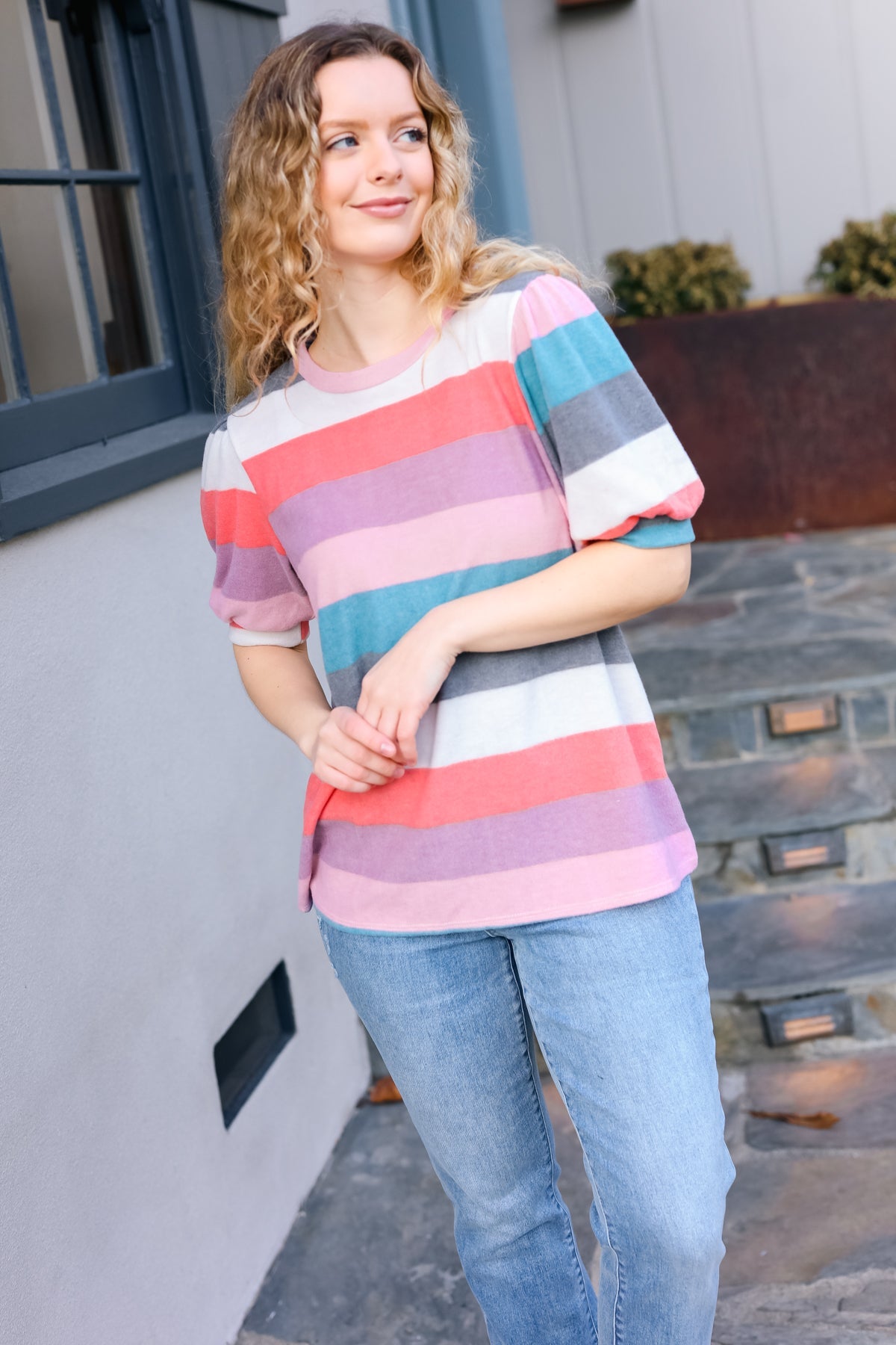 Maxct &Look Out Teal & Rose Striped Hacci Knit Puff Sleeve Top