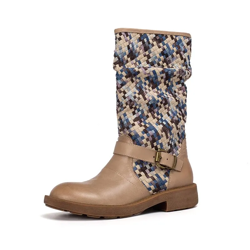 Woven Boots Mid Calf Color Blocking Design Riding Boots Maxct