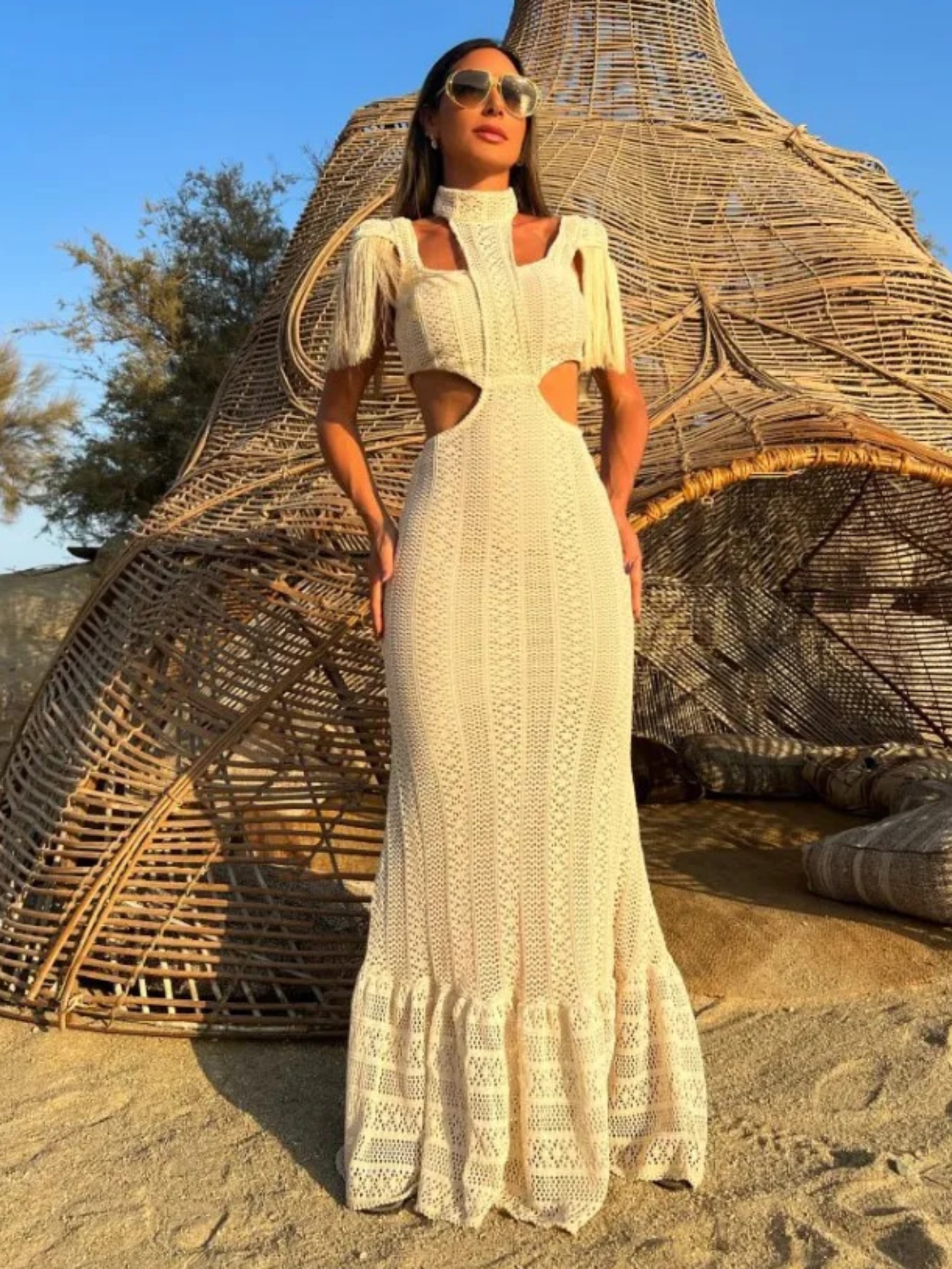 Maxct White Lace Women Dress Turtleneck Tassel Sleeve Slim Naked Waist Hollow Out Long Dress Summer Beach Female Knit Robe