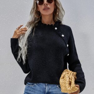 Maxct &Button Detail Frill Neck Rib-Knit Sweater