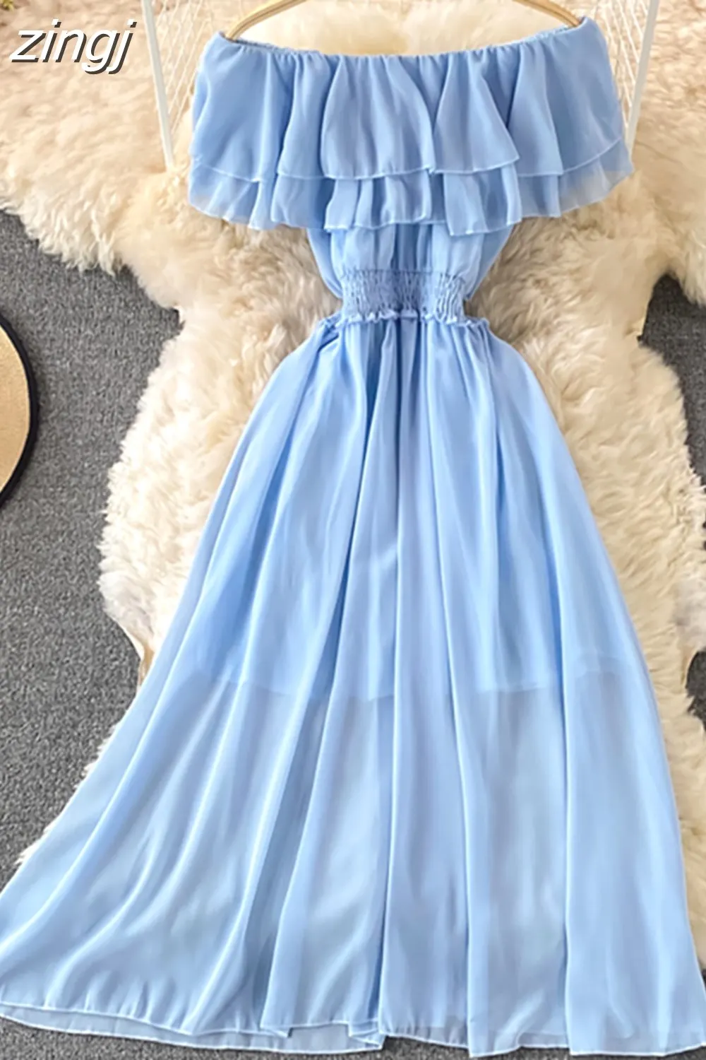 Maxct Chiffon Dress Women Sexy Slash Neck Ruffle Robe Elegant Ruffle High Waist Vestidos Female Beach Vacation New