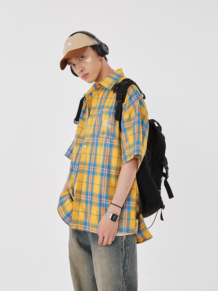 Maxct 90s Streetwear Fashion Retro Contrast Color Plaid Shirt Women's Summer New Letter Embroidered Design Casual Half Sleeve Coat Top
