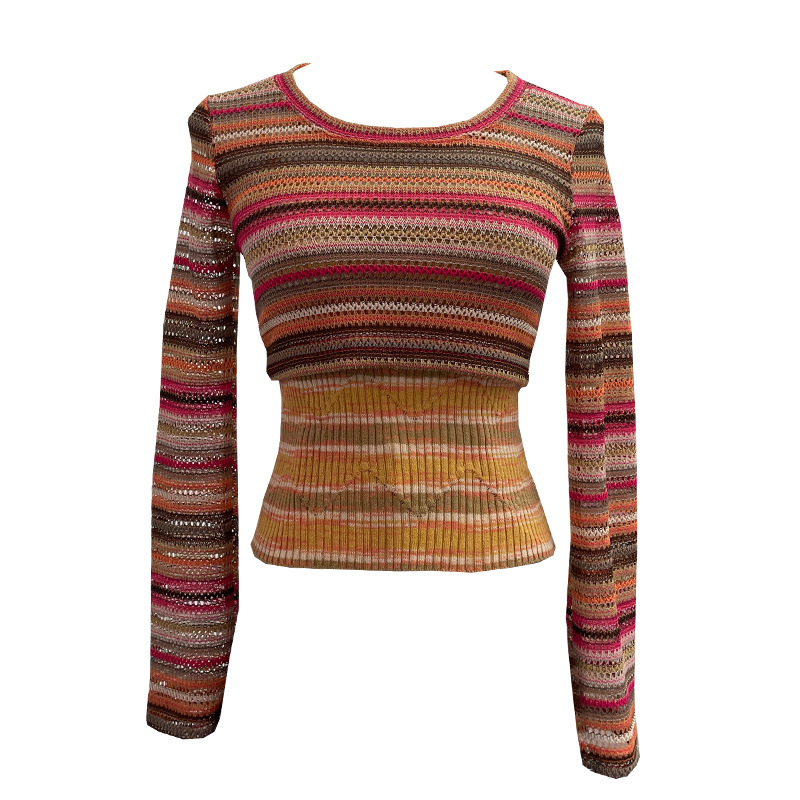 Maxct outfit inspo fall American Hot Girl Contrast Color Striped Stitching Short Navel Blouse + Slim Camisole Two-Piece Set 8869