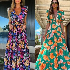 Maxct New Ruffle Sleeveless Printed Skirt Ladies V Neck Elegant Long Dress Waist Slimming Temperament Robe