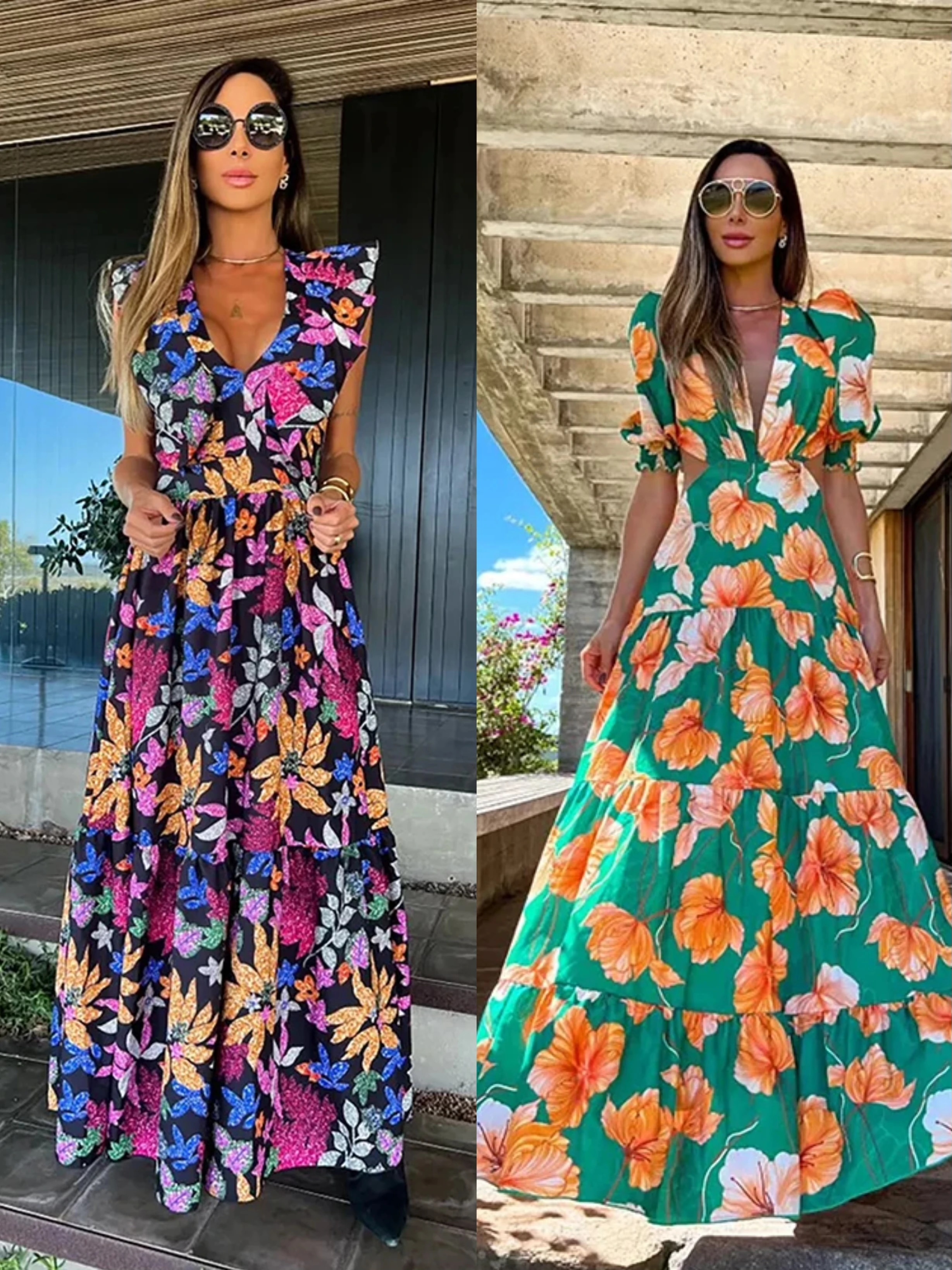 Maxct New Ruffle Sleeveless Printed Skirt Ladies V Neck Elegant Long Dress Waist Slimming Temperament Robe