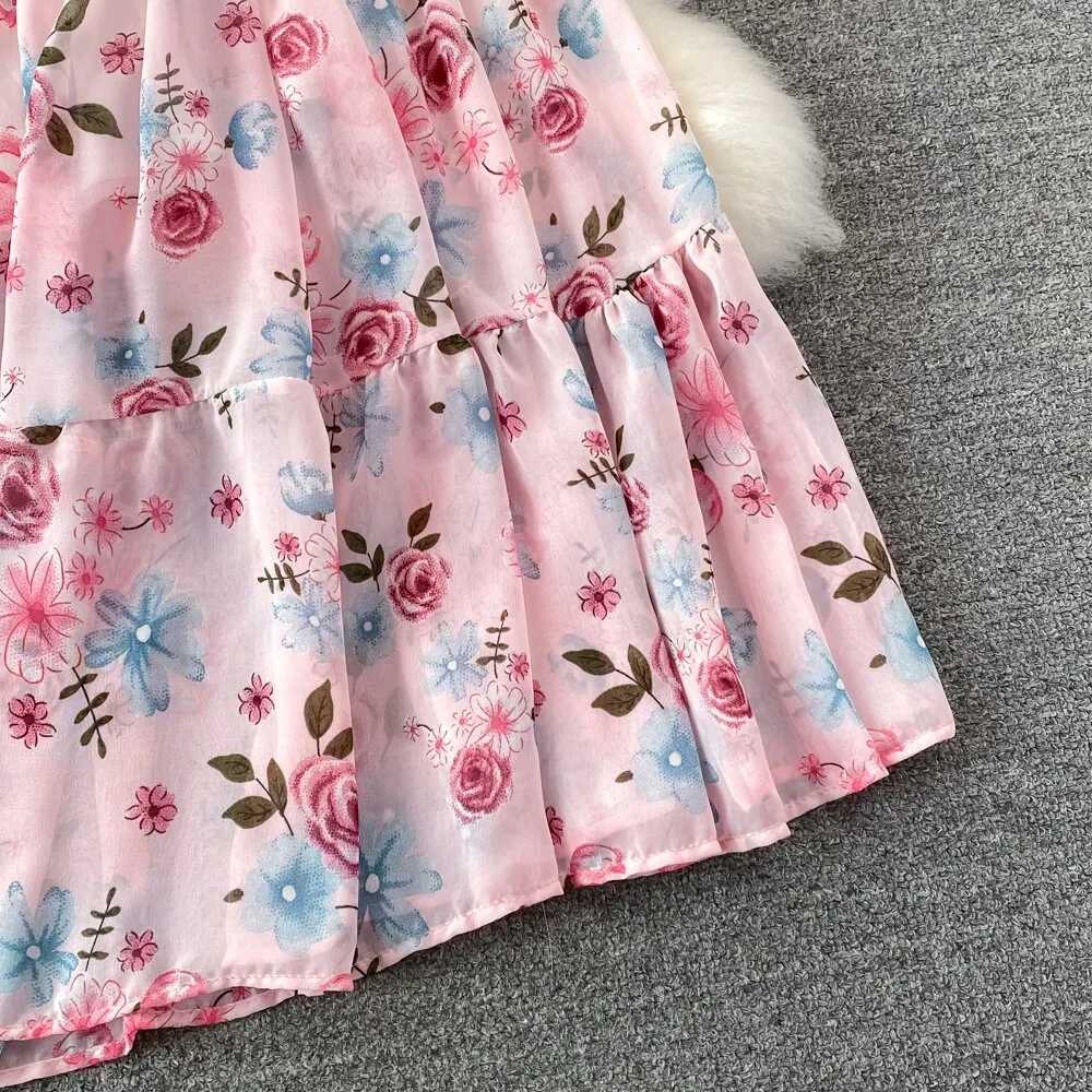 Floral Midi Dress Women Elegant V-Neck Lantern Long Sleeve High Waist Draped A-Line Casual Vestidos Female Spring Autumn