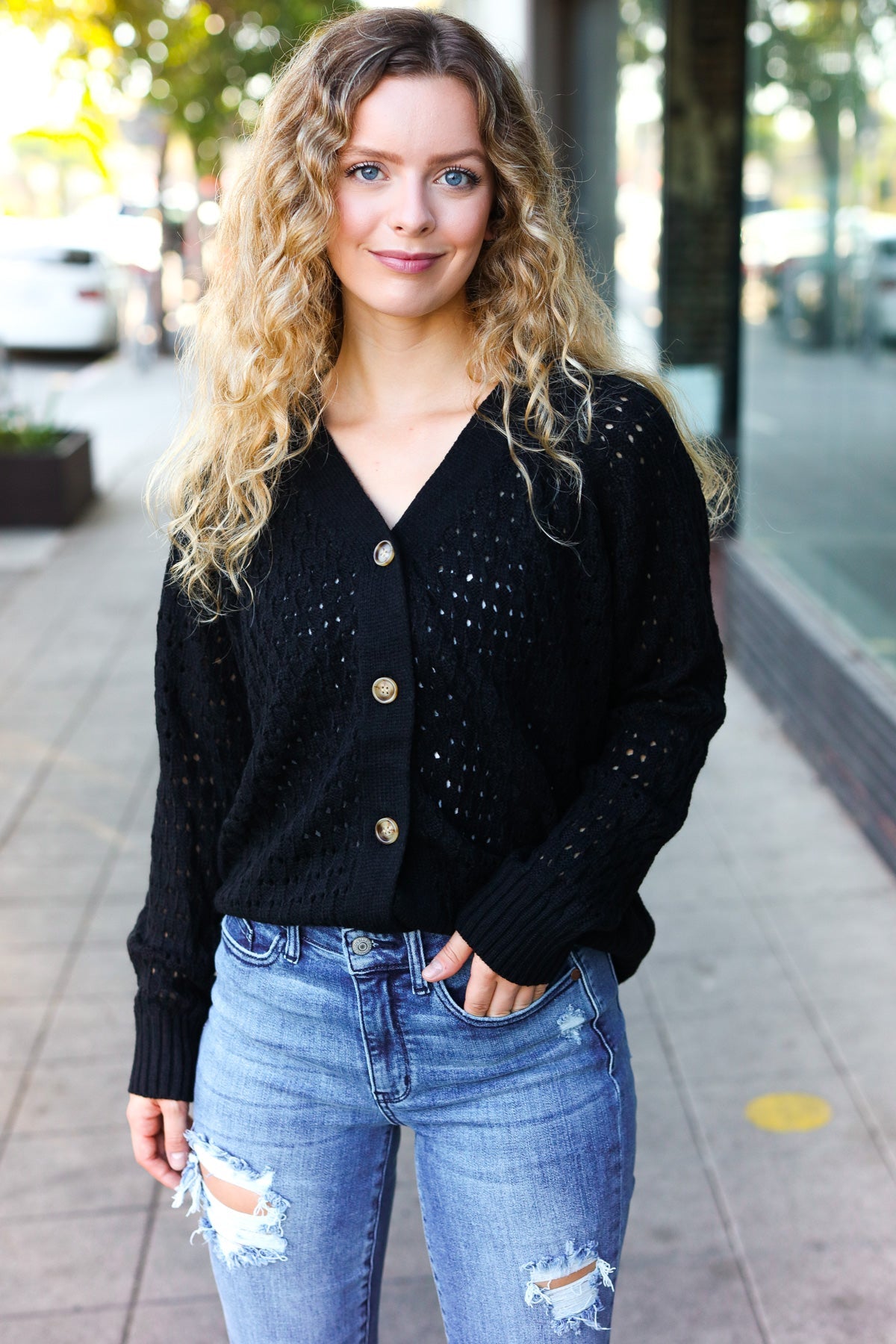 Maxct &Follow Me Black Pointelle Knit Button Down Cardigan