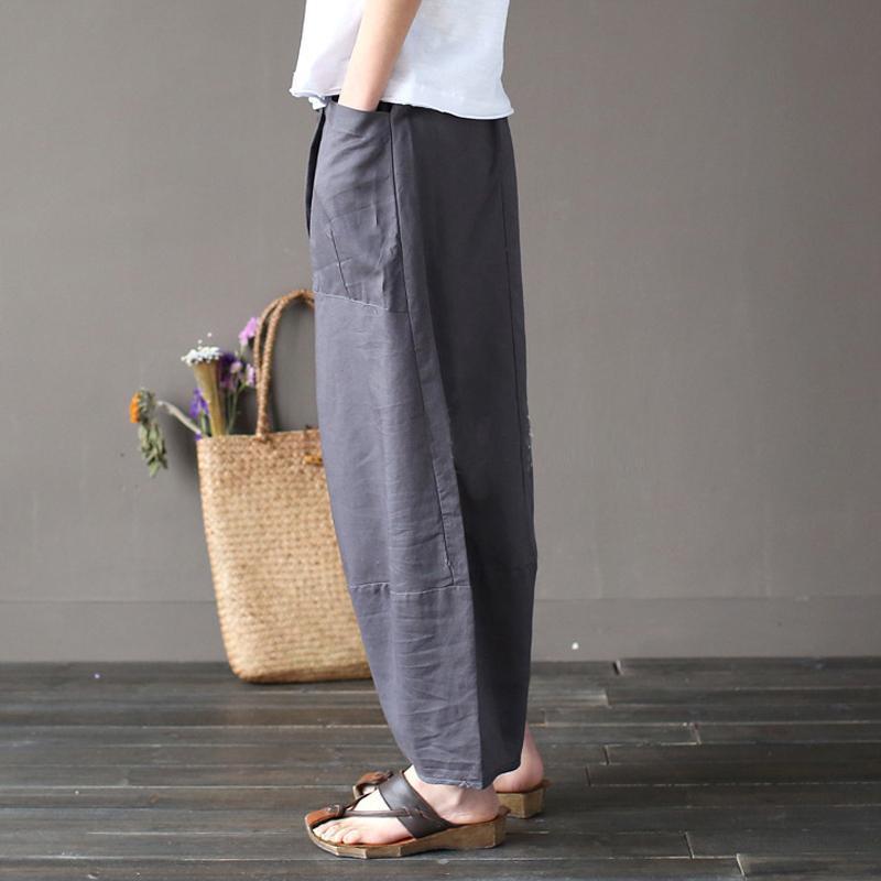 Cotton Linen Elastic Waist Pants With Pockets
