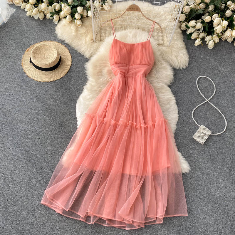 Women's Sexy Mesh Spaghetti Strap Long Dress Summer Orange/Purple/Blue/Pink Ruffle A-Line Beach Robe Female Elegant Party Vestidos