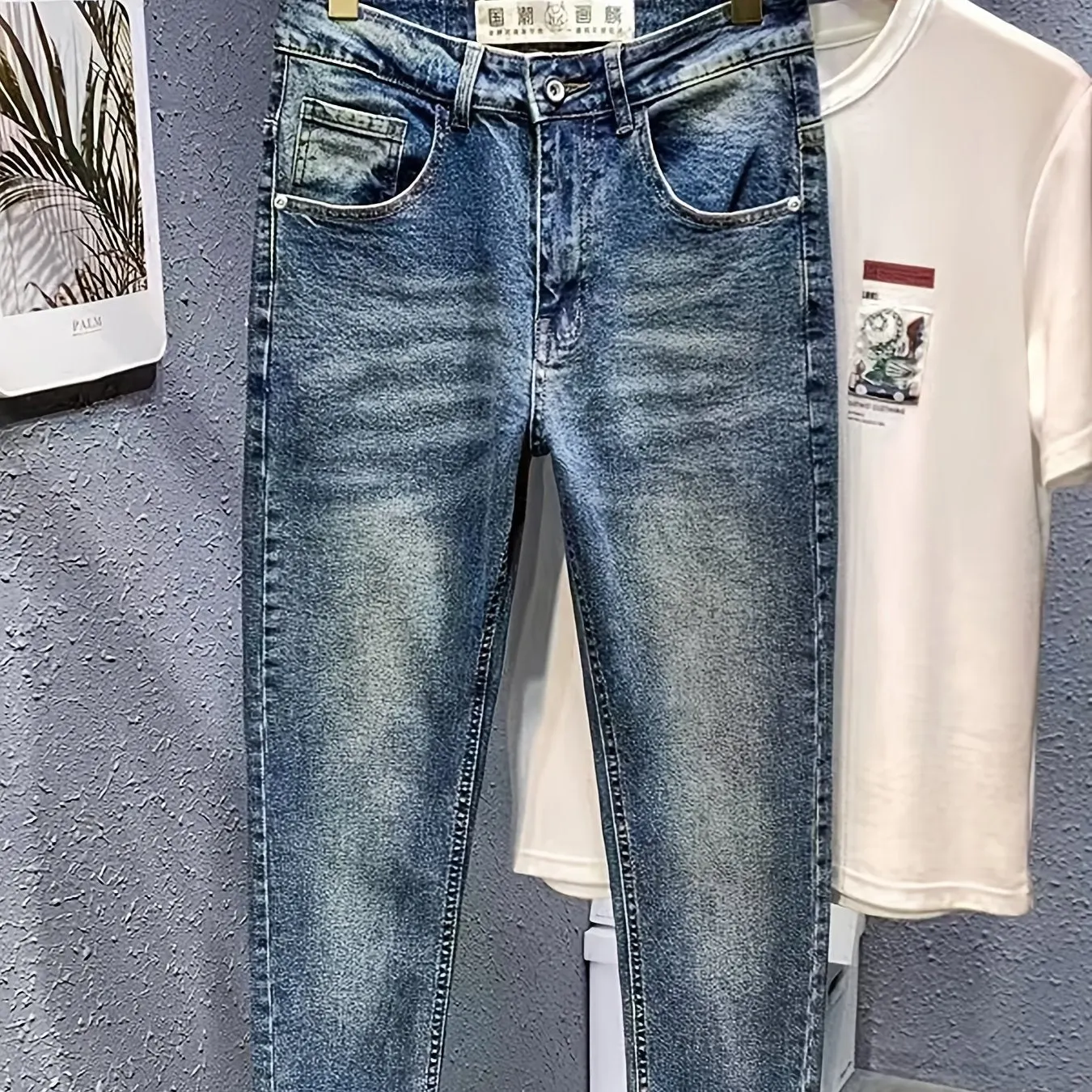 Maxct  Regular Retro Straight Leg Jeans, Men's Casual Street Style Stretch Distressed Denim Pants With Pockets