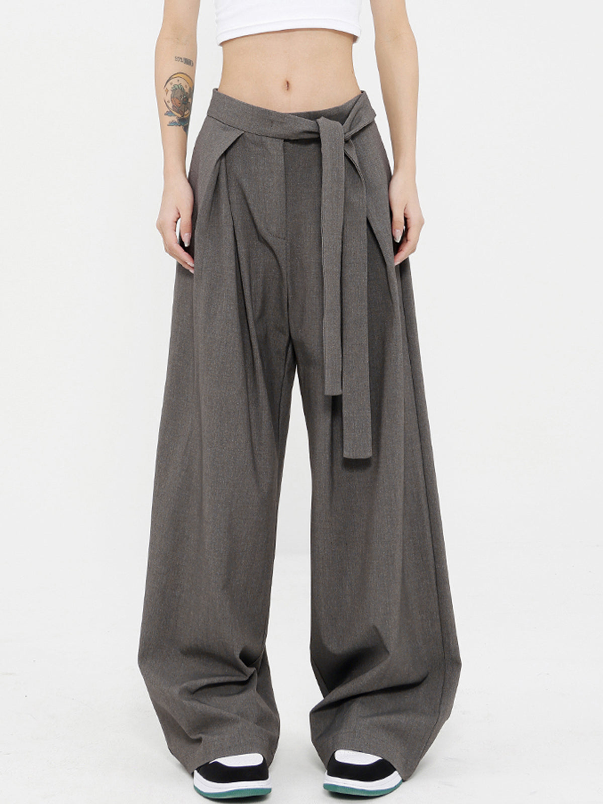 Maxct Tied Pleated Full Length Wide Leg Dress Pants