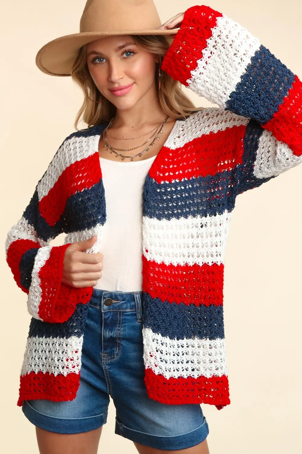 Maxct &Haptics Full Size Open Front Long Sleeve Stripe Cardigan