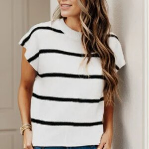Maxct &Striped Round Neck Cap Sleeve Sweater