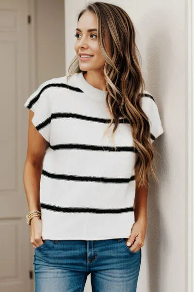 Maxct &Striped Round Neck Cap Sleeve Sweater