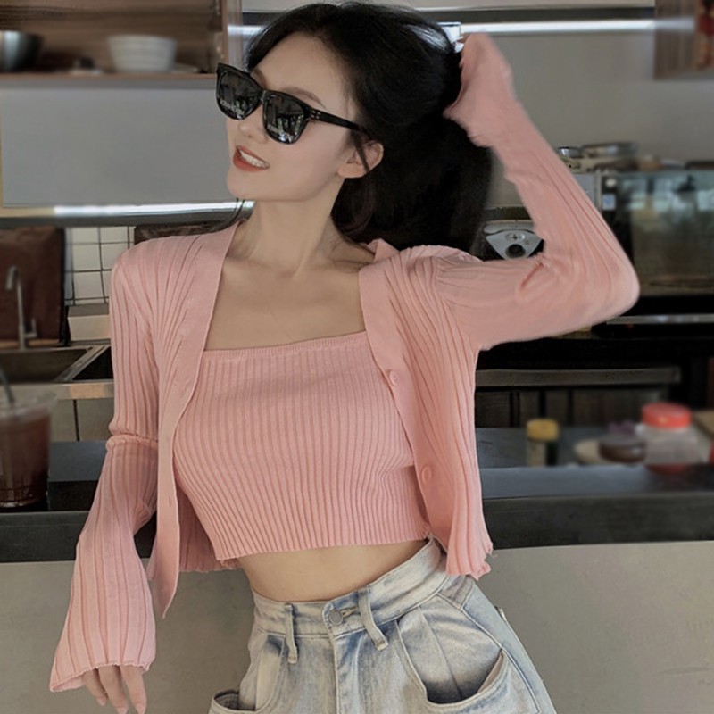 Maxct Set Sling Short Knitted Cardigan For Woman Sweaters Femme Chandails Pull Over Tops