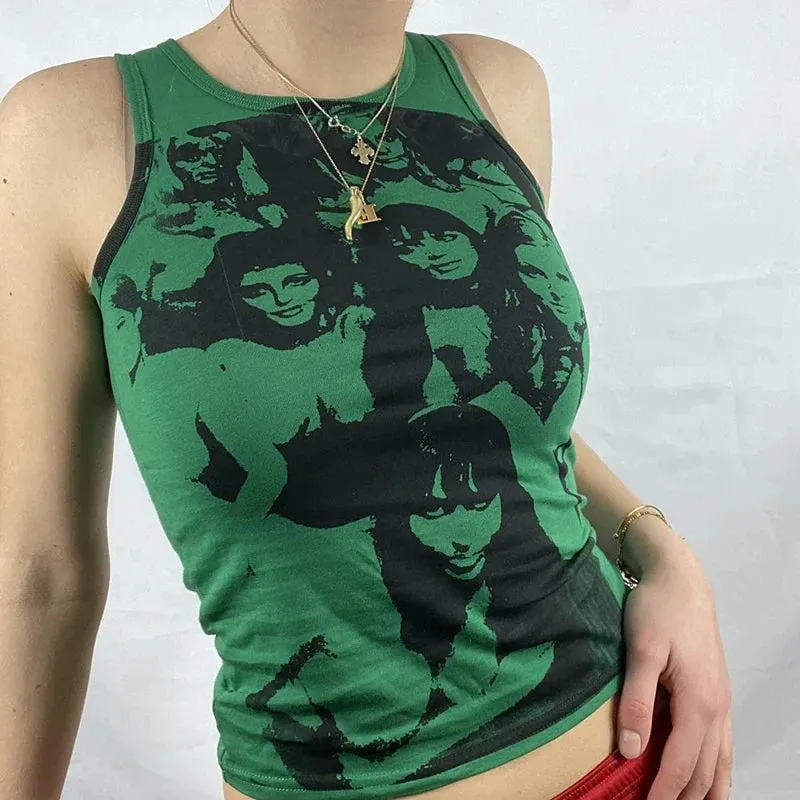 Maxct 90s Vintage Portrait Graphic Print T-shirt Harajuku Crop Top Y2K Aesthetic Summer Slim Fit Tees Tops Women Streetwear Gothic