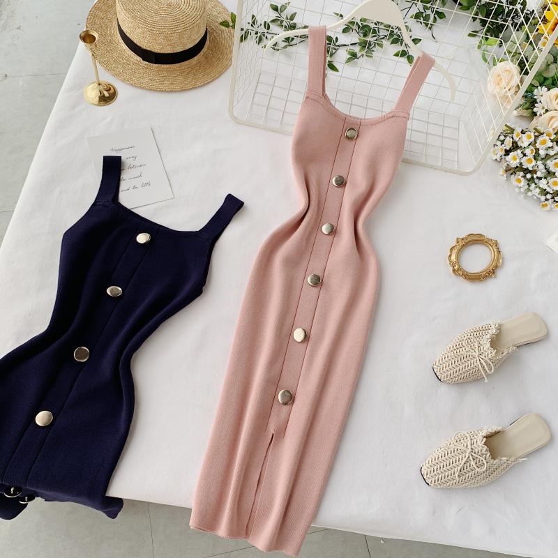 Summer Pink/Red/White/Black Women Knitted Dress Vintage High Waist Button Single-breasted Slim Casual Dress For Female New
