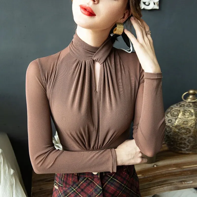 Maxct Mesh T Shirts Women Hollow Out Crossed Turtleneck Full Sleeve Tops Tees Lady Autumn High Stretchy Folds TShirt