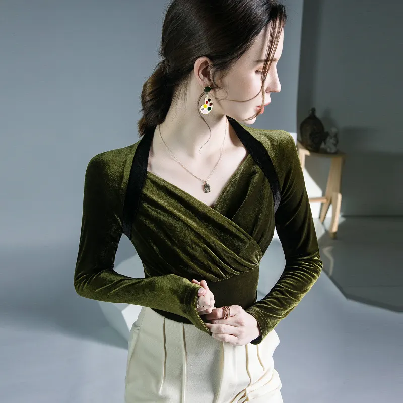 Maxct TShirt Women Full Sleeve Vintage Crossed V Neck Tee Shirts Lady Stretchy Soft Fashion Base Tops T-shirts For Girls