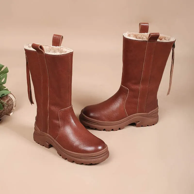 Womens Shearling Lined Snow Boots for Cold Winter Retro Mid Calf Boots Maxct
