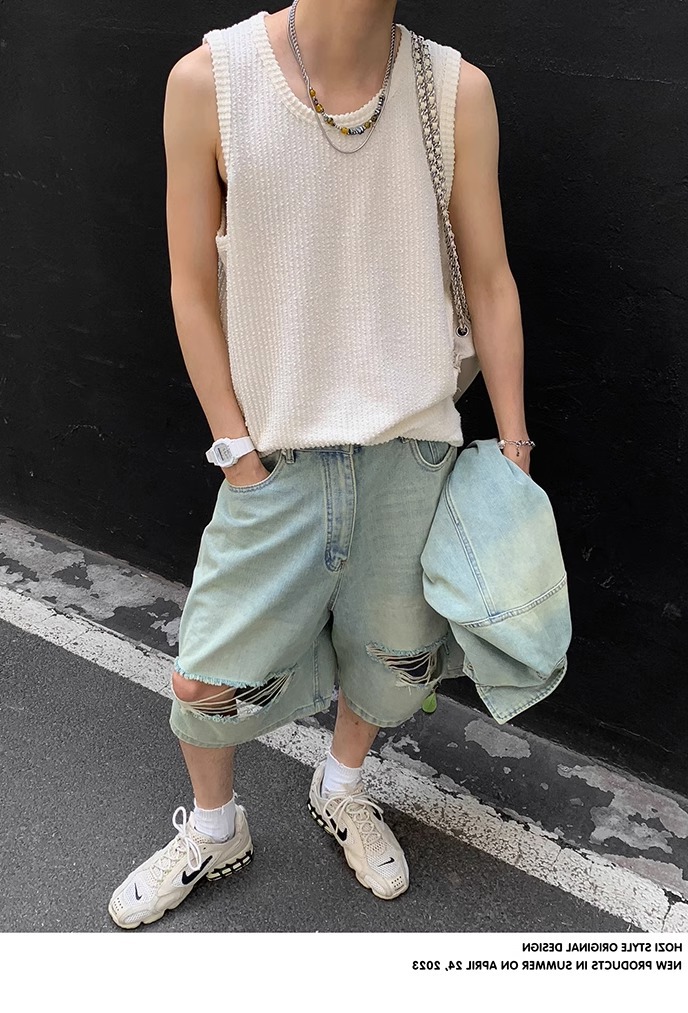 90s Streetwear Solid Color Simple Vertical Stripe Niche Retro Round Neck Vest Men's Summer New Casual All-match Sleeveless T-shirt