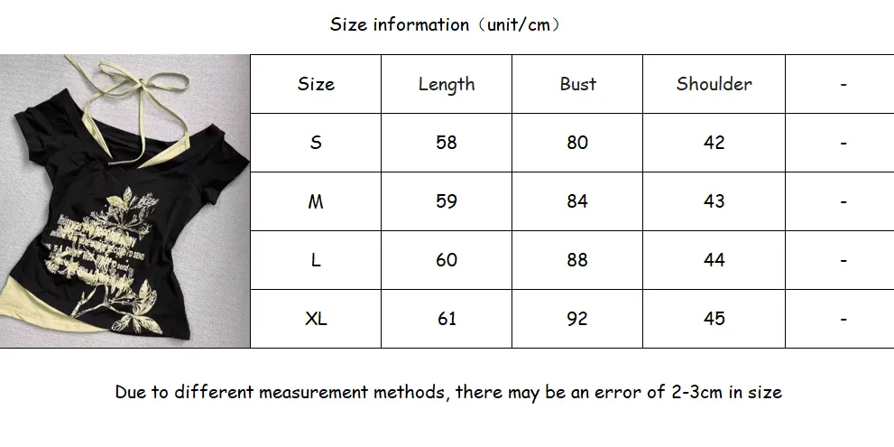 Retro Fake Two-piece Halterneck Printed T-shirt Women Y2K Streetwear Hot Girl Slim Off Shoulder Millennium Harajuku Casual Top