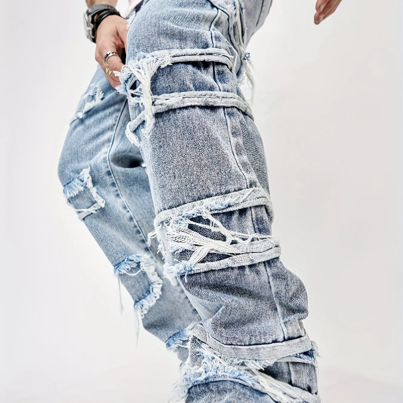 Maxct  Men Ripped Frayed Straight Leg Jeans