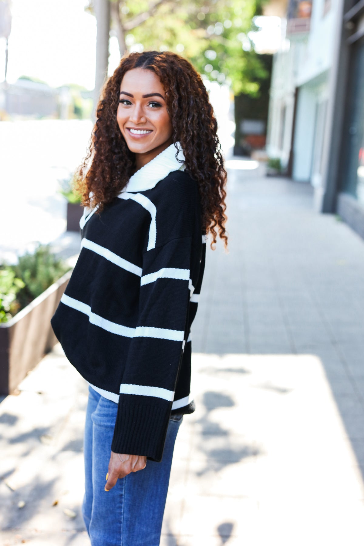 Maxct &Fall For You Black Stripe Notched Neck Collared Oversized Sweater