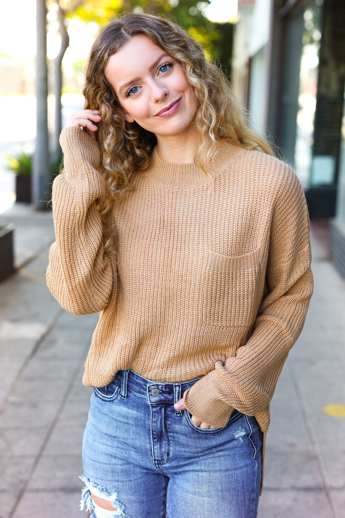 Maxct &Classy Chic Taupe Mock Neck Chest Pocket Knit Sweater