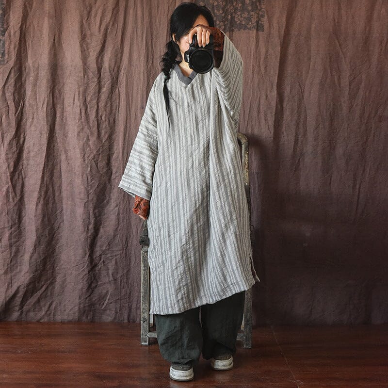 Warm Color Block V-Neck Loose Cotton Linen Casual Dresses