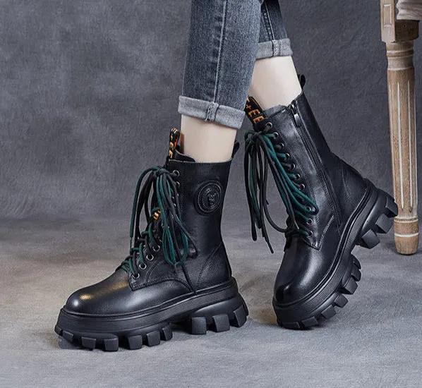 Retro Classic Chunky Heel Leather Mid-Calf Boots for women