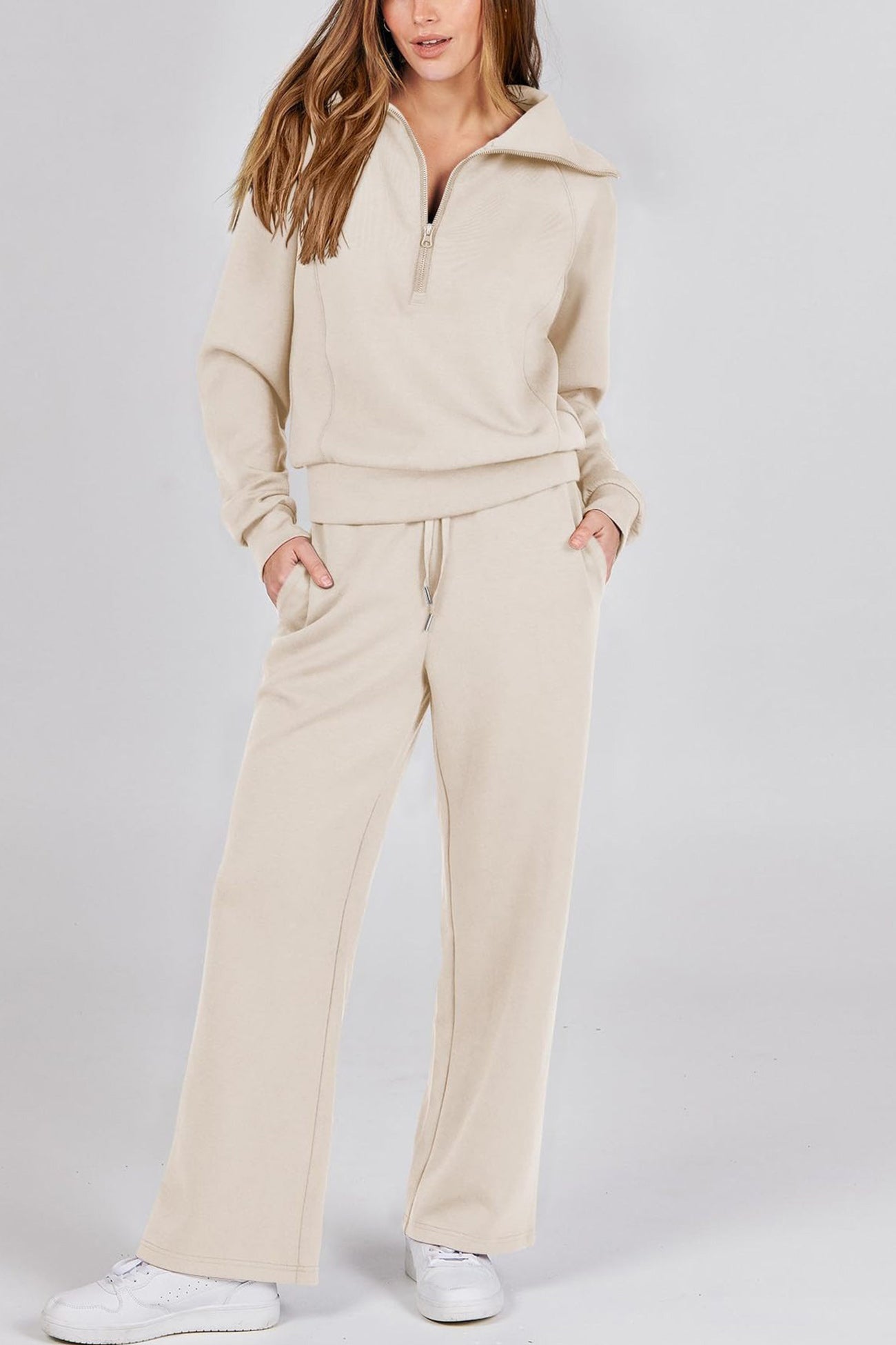 Maxct Lapel Zip-up Sweatshirt Wide Leg Long Pants Set