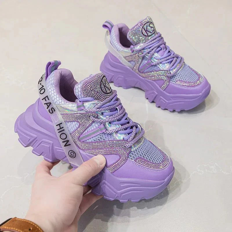 6cm Air Mesh Leather Bling Chunky Sneakers Maxct
