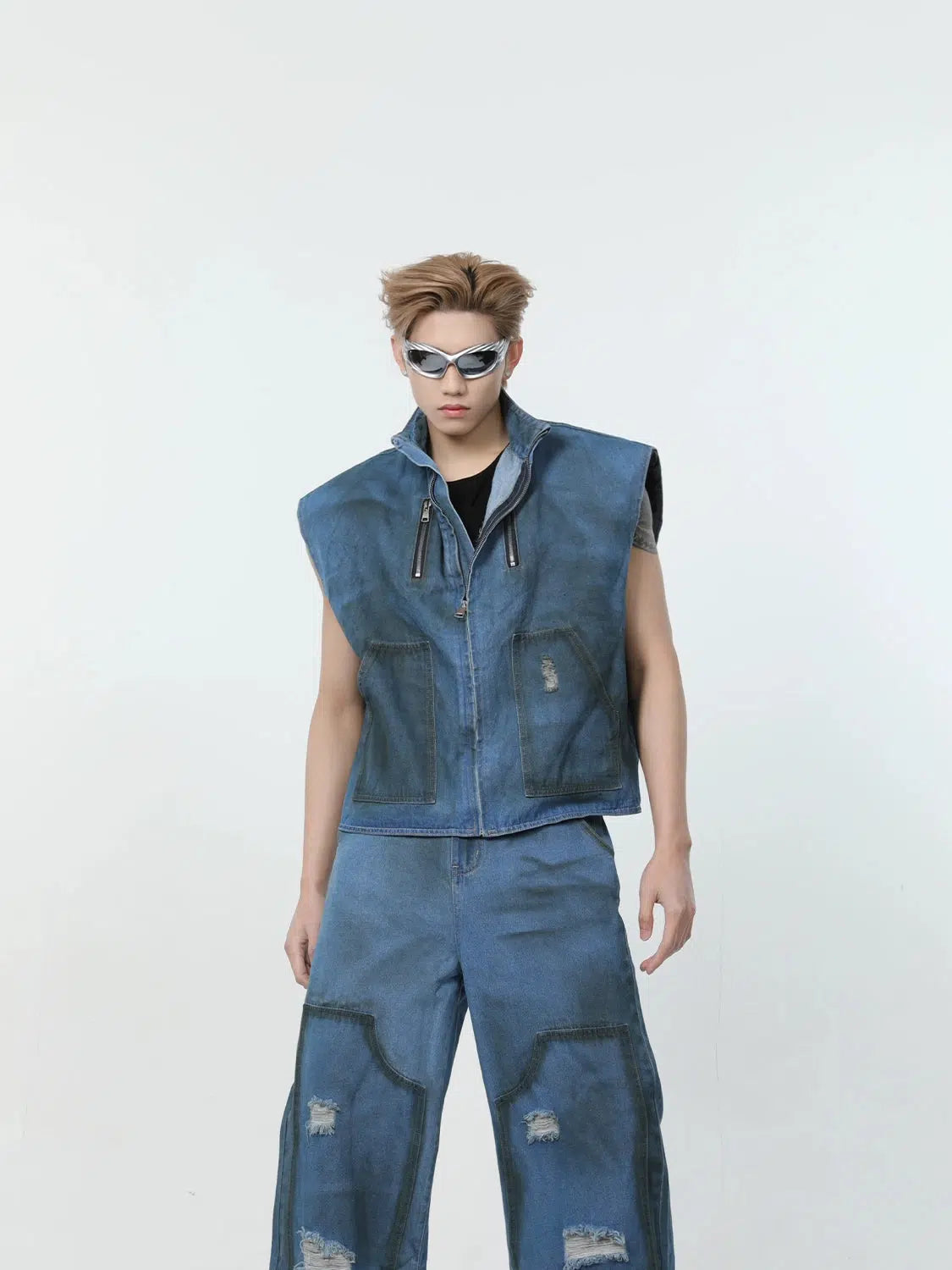 Maxct Washed Blue Sleeveless Jacket & Wide-leg Jeans