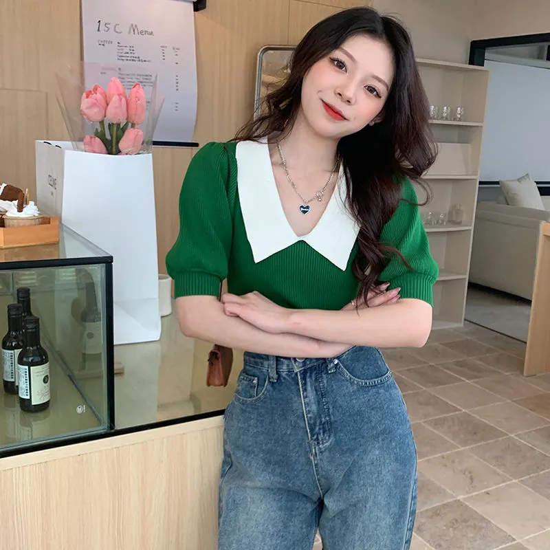Maxct Vintage Knitted Pullover T Shirt Women Sweet Patchwork Puff Short Sleeve Tops Office Elegant Peter Pan Collar Slim Tees