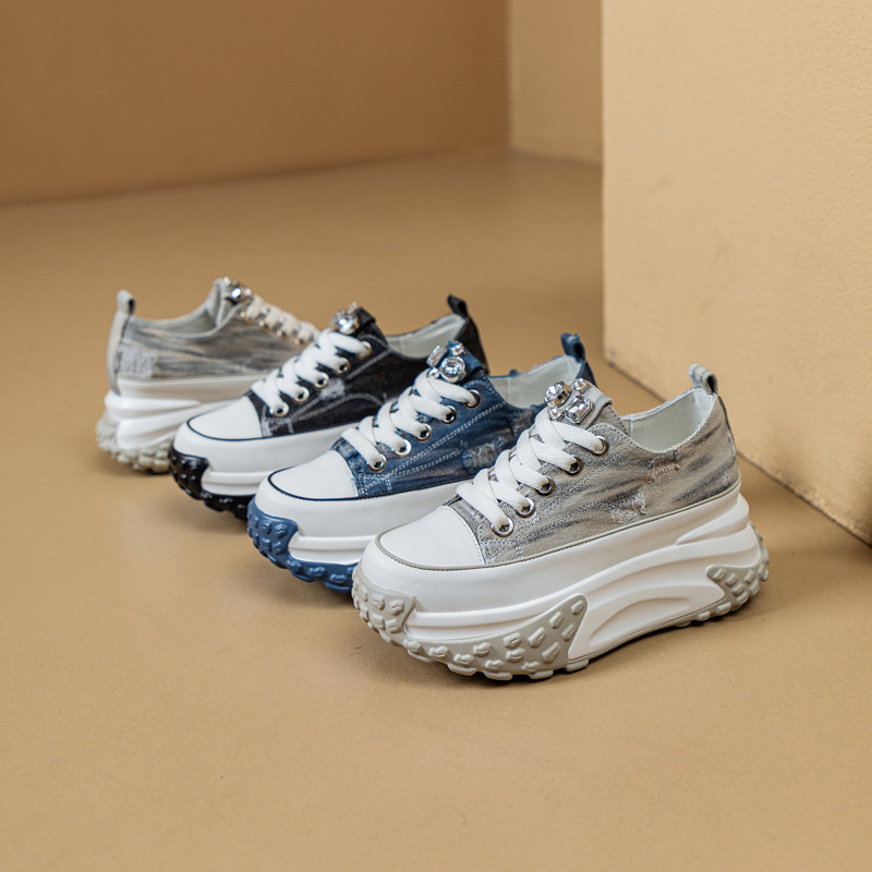 Blinged Out: 6cm Denim Leather Chunky Platform Sneakers - true deals club